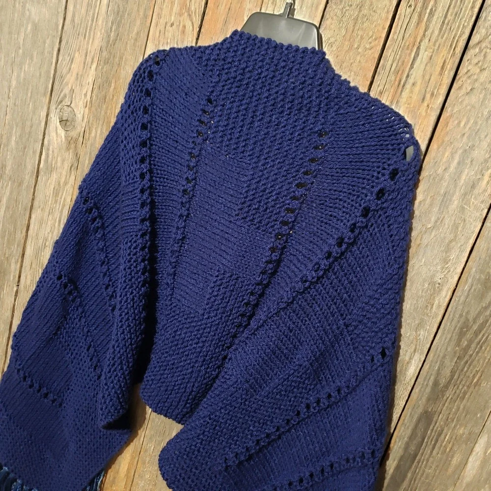 NEW Navy Blue Hand Knitted Shawl Wrap Scarf Eyelet Boho Coastal Glam Artsy Indie